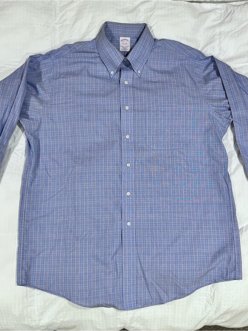 Brooks Brothers Men Dress Shirt 16.5 32/33 Blue Red White Plaid Classic Non Iron